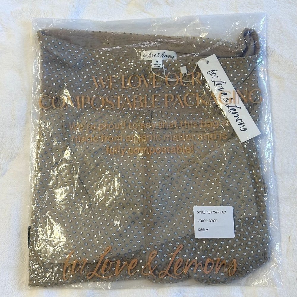 NWT For Love & Lemons Kiara Mesh Rhinestone Bike Shorts in Beige - M - Picture 6 of 6